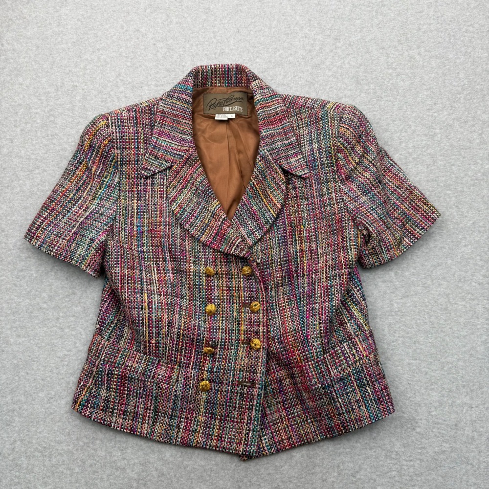 Rickie Freeman Blazer Women 4 Silk Tweed Multicolor Double Breasted Gold Buttons